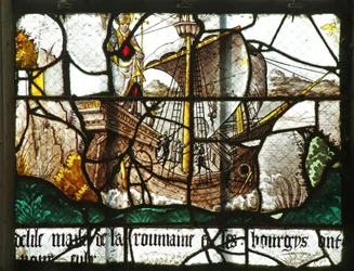 Fenster, das ein Boot mit der Statue des heiligen Clemens darstellt, 16.-17. Jahrhundert